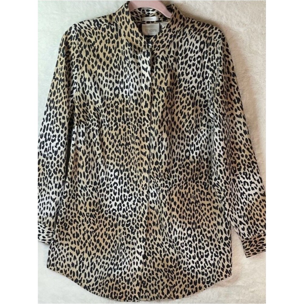 Leopard Print Tunic Chico’s No-Iron Shirt Size 1 (M) Long Sleeve Animal Print